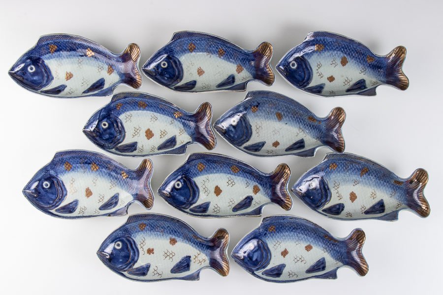 古伊万里】 染付金彩鯉焼物皿 魚形皿 10客セット 江戸後期 16199