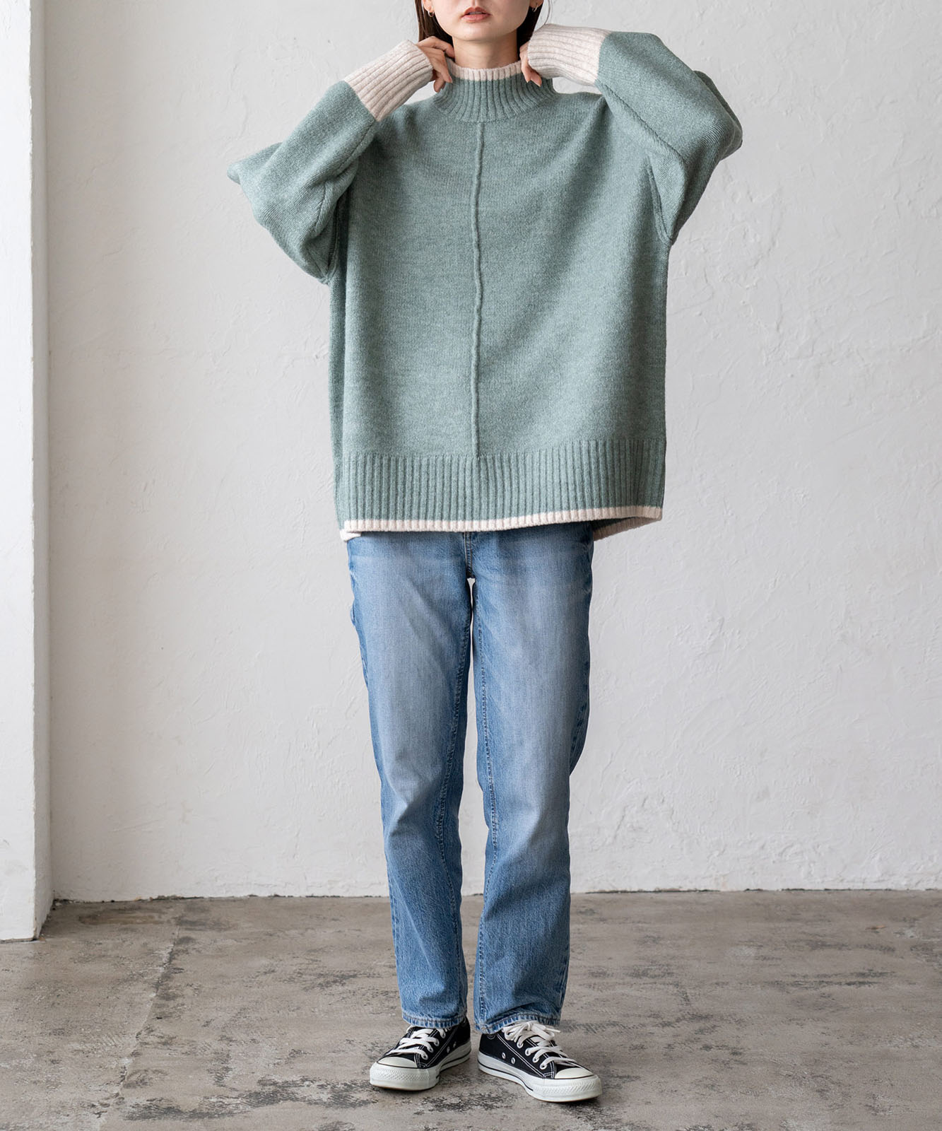 天竺オーバーサイズバイカラーハイネックニット | ファッション