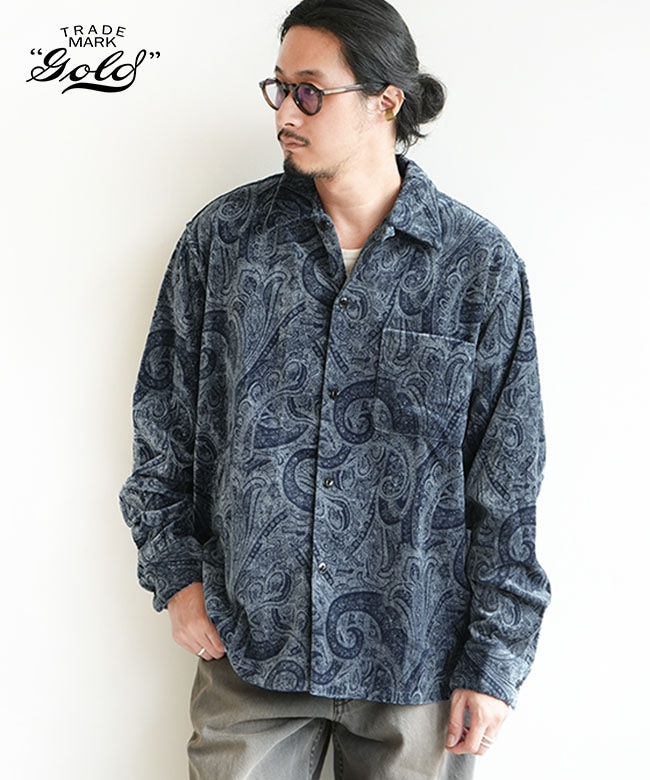 GL29542]gold(ゴールド) PAISLEY PATTERN INDIGO VELVETEEN OPEN SHIRT