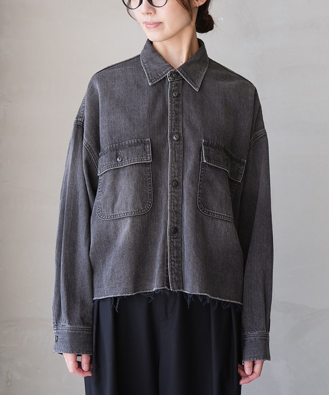 JL244S04]JOHNBULL(ジョンブル) ブラックデニムクロップドシャツ