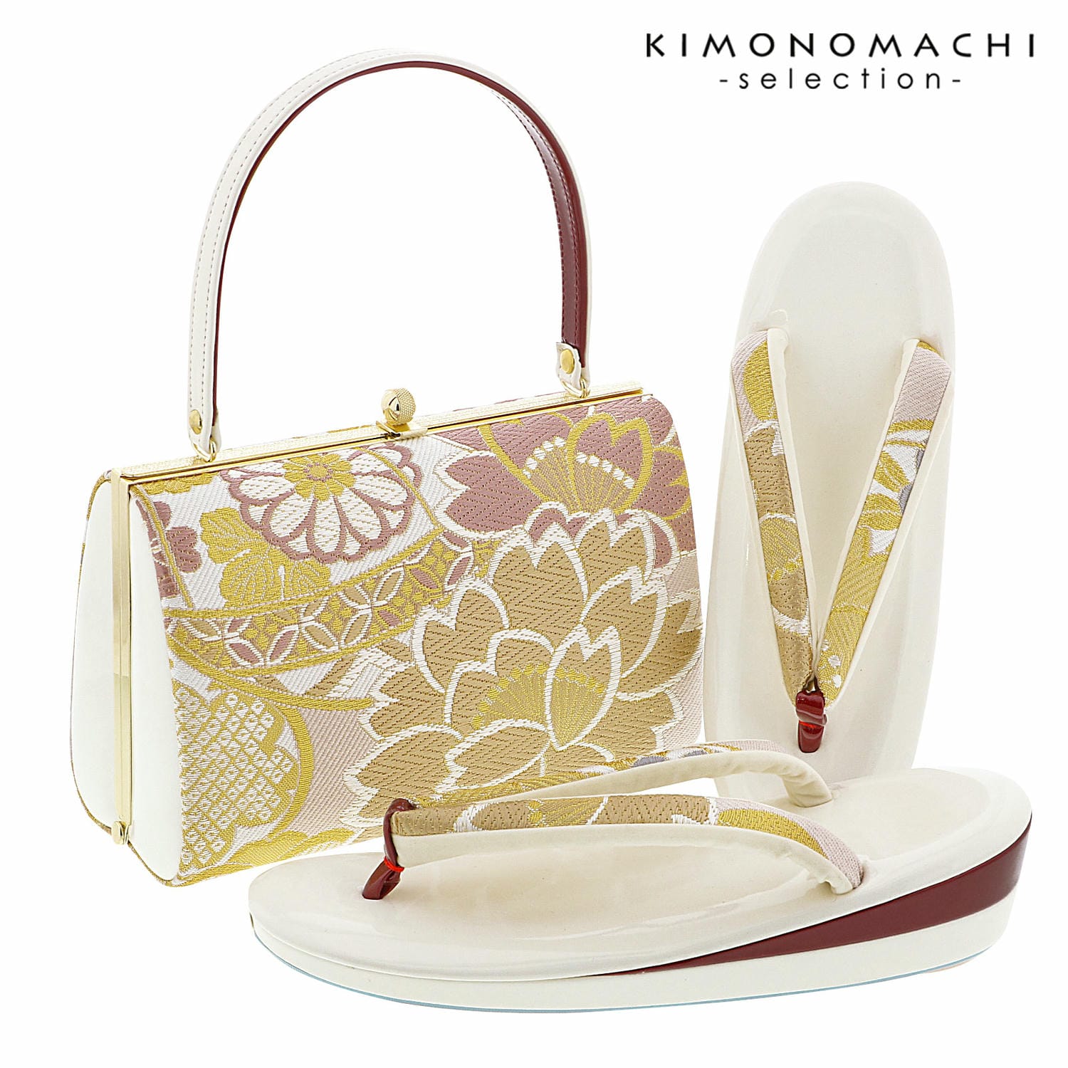 草履バッグセット「白 ピンクベージュ 八重桜に梅菊」LLサイズ 日本製