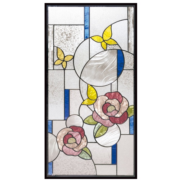 ステンドグラス (SH-A48) 913×480×18mm 一部鏡面ガラス 牡丹 花 ピュア