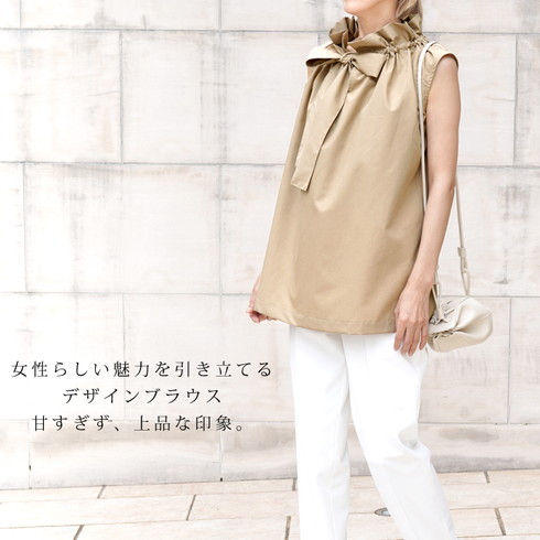 フリルネックボウタイブラウス♪ギャザー フリル リボン ノースリーブ