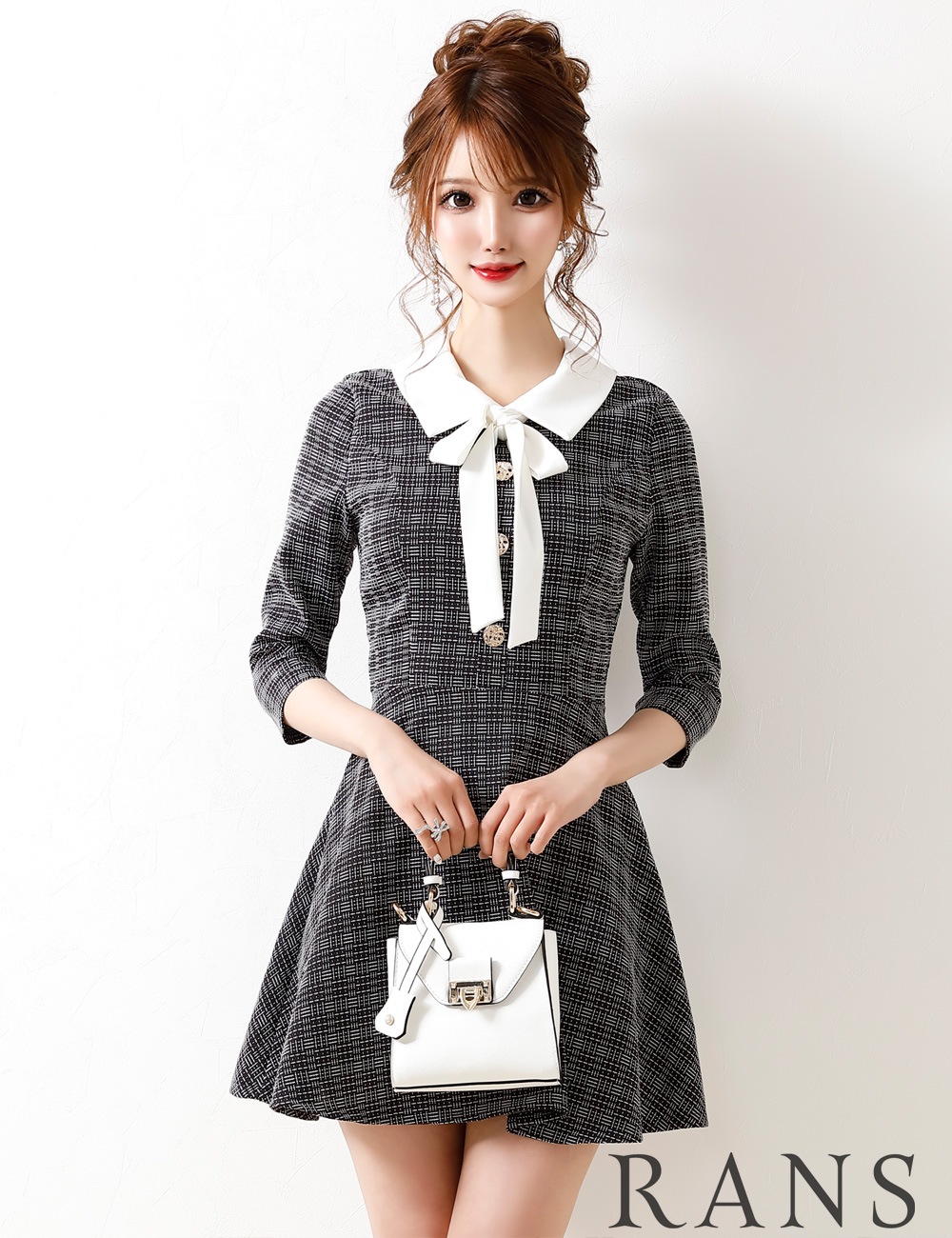 RANS】ミニ/ドレス/フレア/ワンピース/グレー/ツイード/七分袖