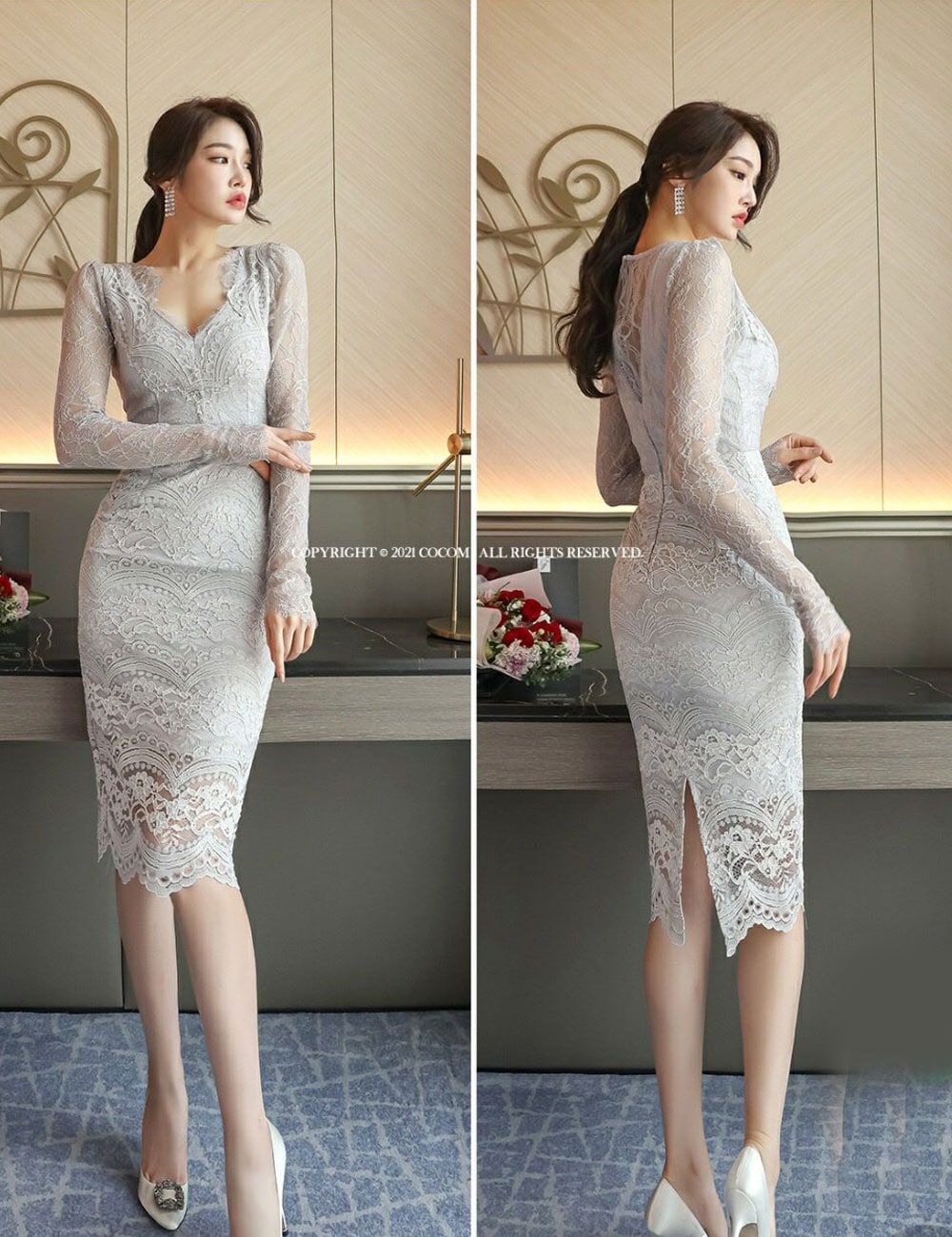 AIDMAX】丈長/ドレス/ワンピース/グレー/レース/袖あり/長袖/S/M/韓国