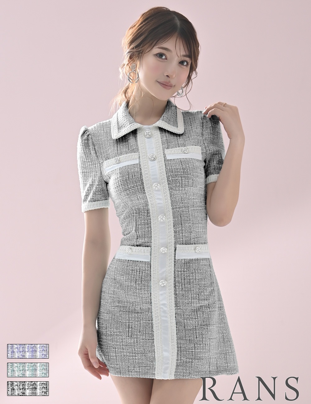 instock]【RANS】ミニ/フレア/ワンピース/ブラック/ツイード/半袖/襟