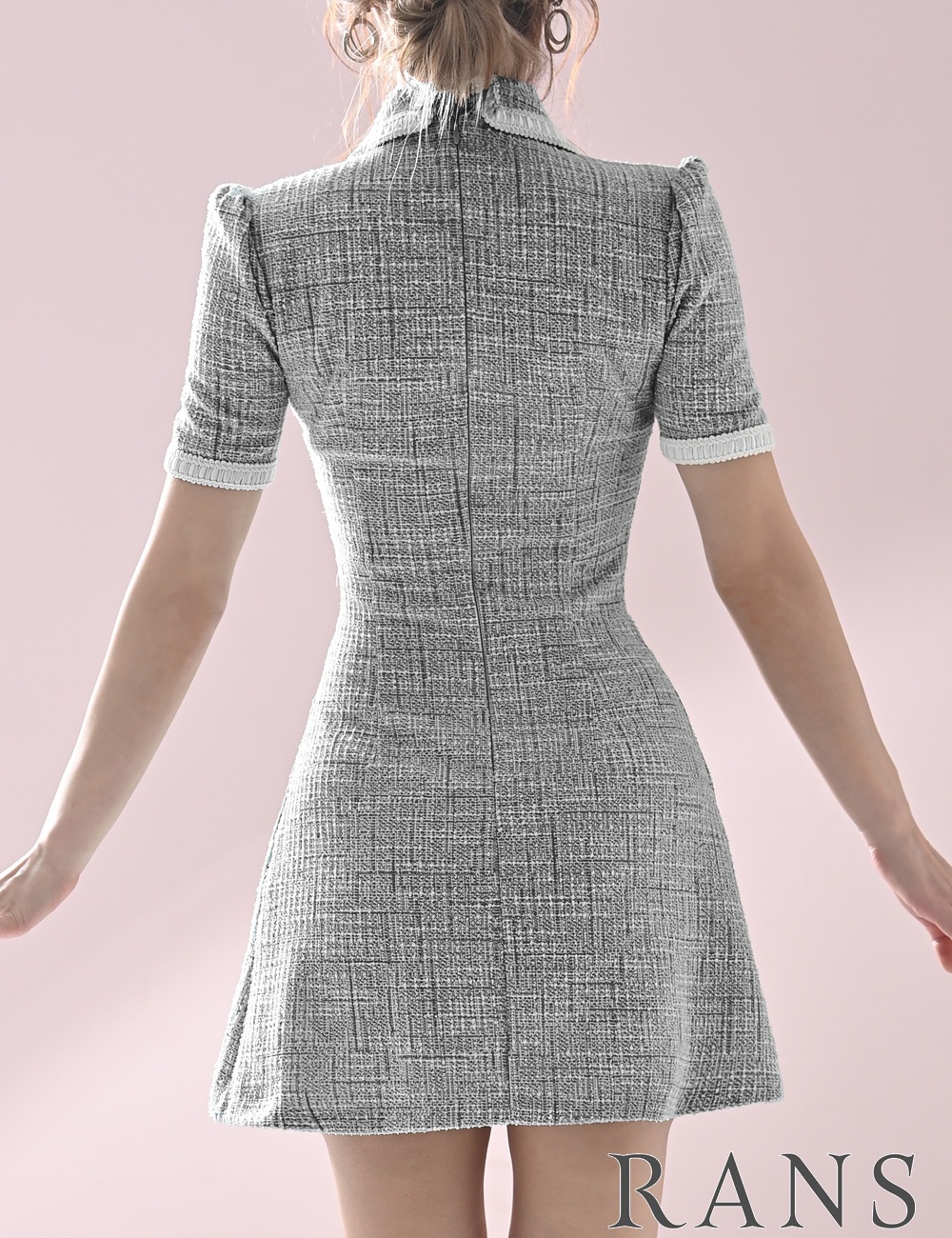 instock]【RANS】ミニ/フレア/ワンピース/ブラック/ツイード/半袖/襟