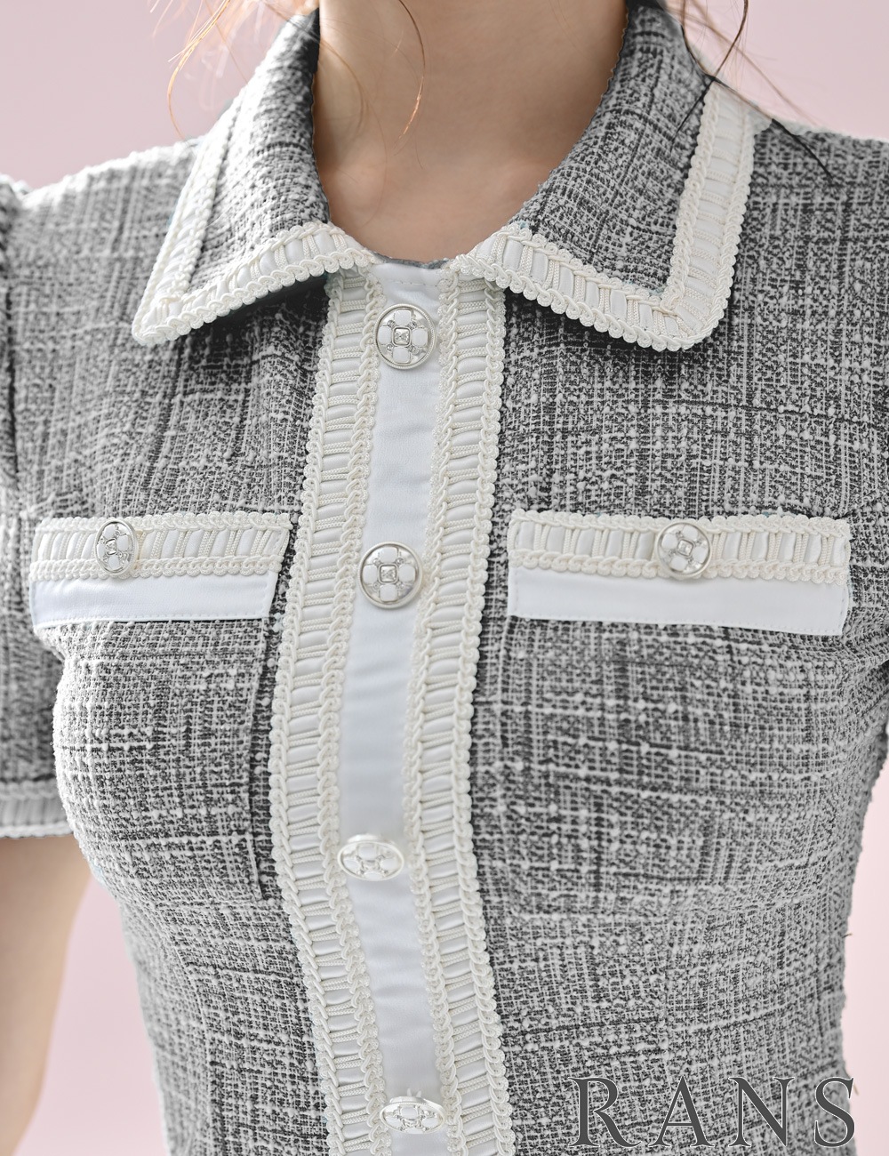 instock]【RANS】ミニ/フレア/ワンピース/ブラック/ツイード/半袖/襟