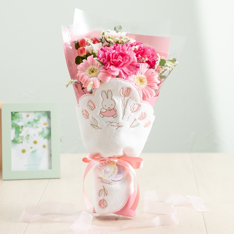 直送商品A】ミニタオル/チャームが選べる フラワーブーケ ピンク