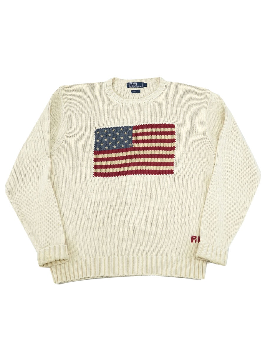 ラルフローレン 星条旗柄 コットンセーター 表記(L) オフホワイト
