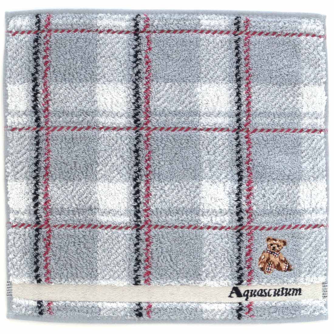 アクアスキュータム タオルハンカチ チェック＆クマ グレー