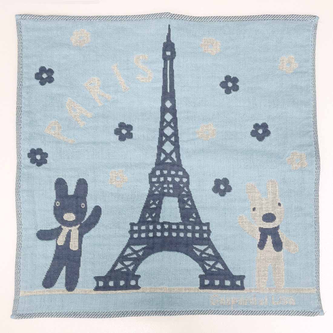リサとガスパール 3重ガーゼハンカチ エッフェル塔 ライトブルー