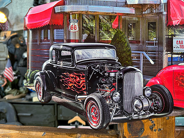 ルート66ダイナー ＆ ホットロッドカー エンボス ティンサイン ブリキ