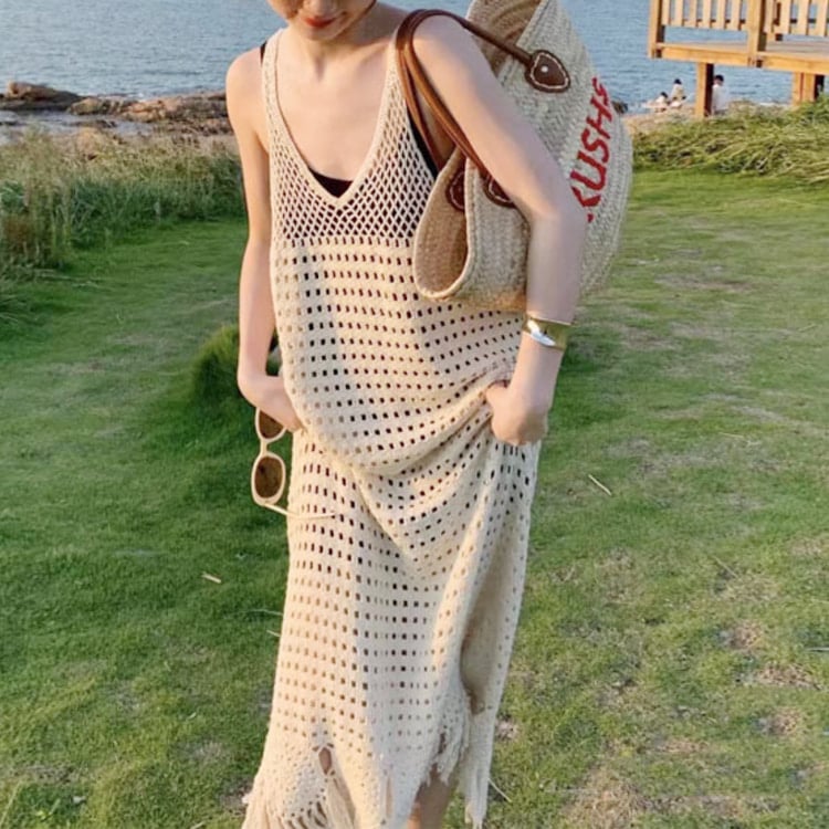 透かし編み クロシェニット ノースリーブ ワンピース | レディース