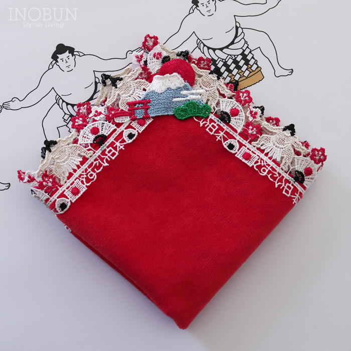 入荷待ち】近沢レース店 どすこい日本 レッド 和レース タオルハンカチ