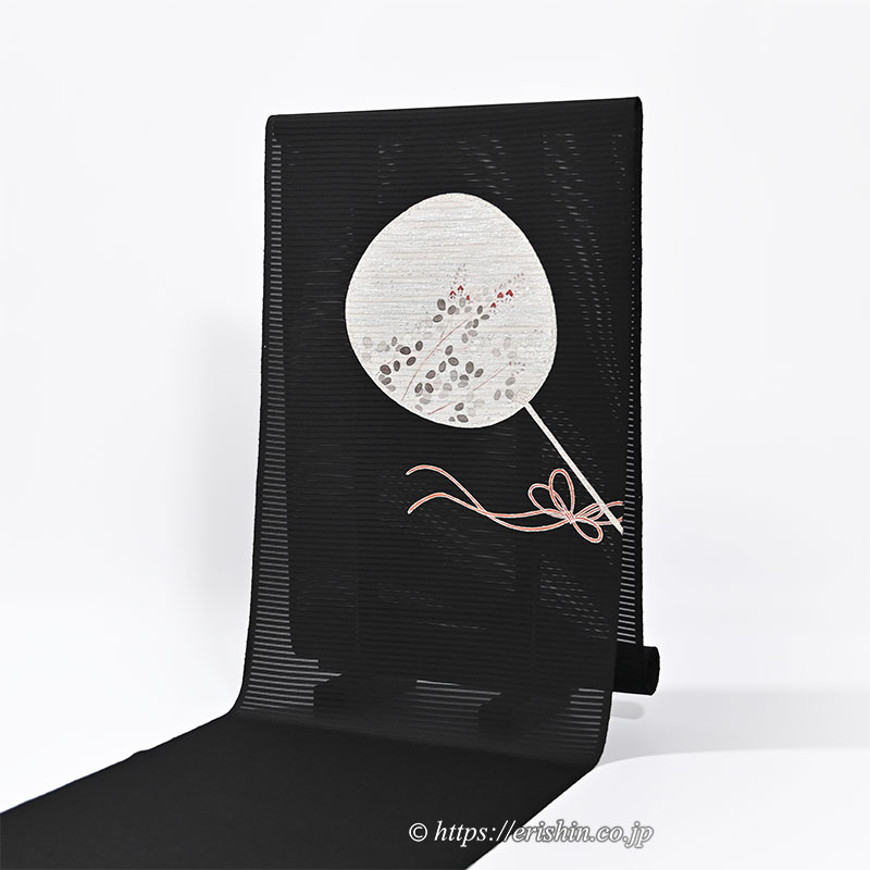 染名古屋帯（団扇秋草/墨黒・絽）[夏・単衣向]千切屋治兵衛『着物