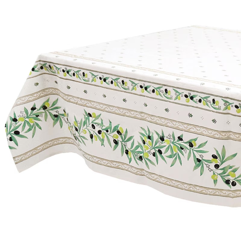 フランス製 コットン撥水テーブルクロス☆オリーブ柄/ホワイト