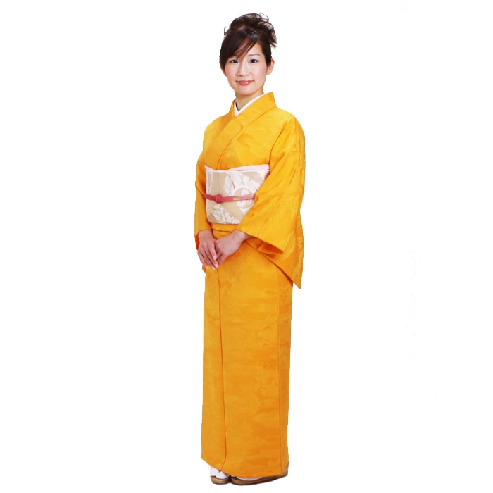 色無地 レンタル 袷 10月～5月向け 高級正絹 やまぶき色 着物 一つ紋