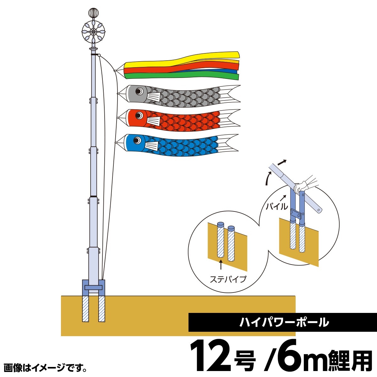 鯉のぼり 単品 庭園用 キング印 ハイパワーポール12号 鯉のぼり6m用