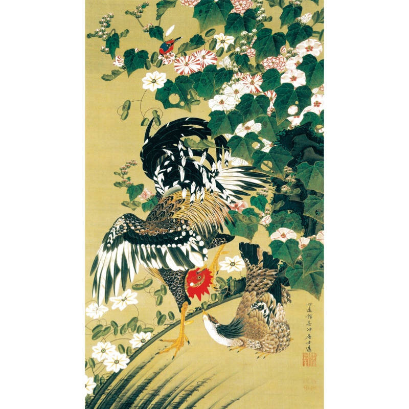 伊藤若冲 動植綵絵 芙蓉双鶏図 高級仕様 掛軸 美術品 インテリア 作品