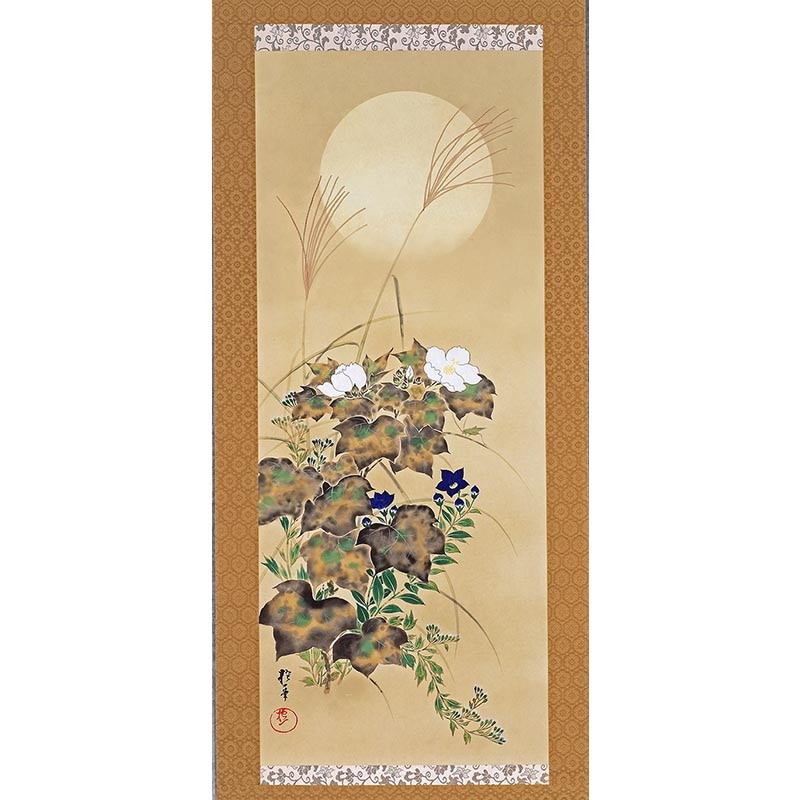 酒井抱一 「十二か月花鳥図」 八月 「秋草に螽斯図」 複製掛軸 : 酒井