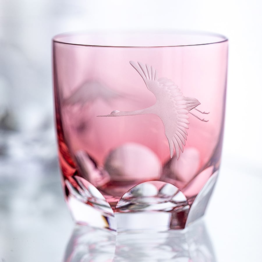 ロックグラス＜鶴と富士山＞赤 KAGAMI | ロックグラス | 伝統工芸品
