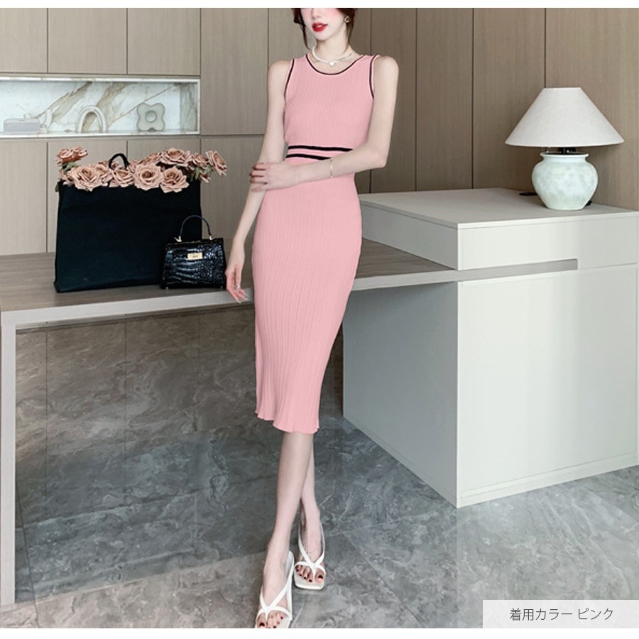 ニットワンピース ノースリーブ タイト ウエストライン 膝下丈 夏