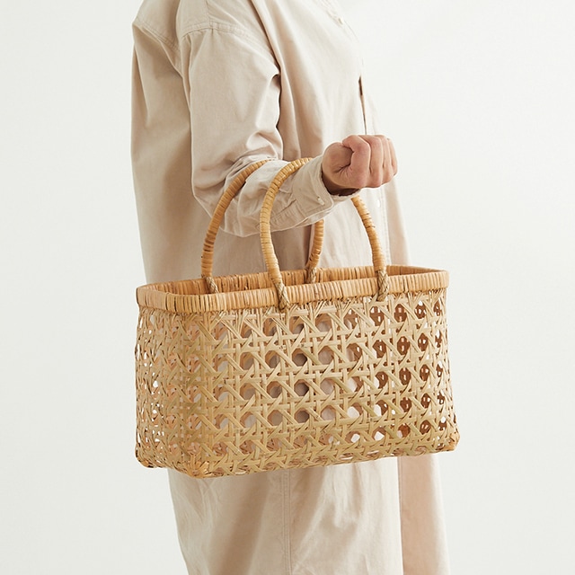 八つ目編み青竹かご(ひご幅約5～6mm/ふち・取手上質籐使用)(約)幅38