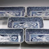 藍九谷 皿 江戸時代前期 前期伊万里 染付 草花文 陽刻捻割地紋