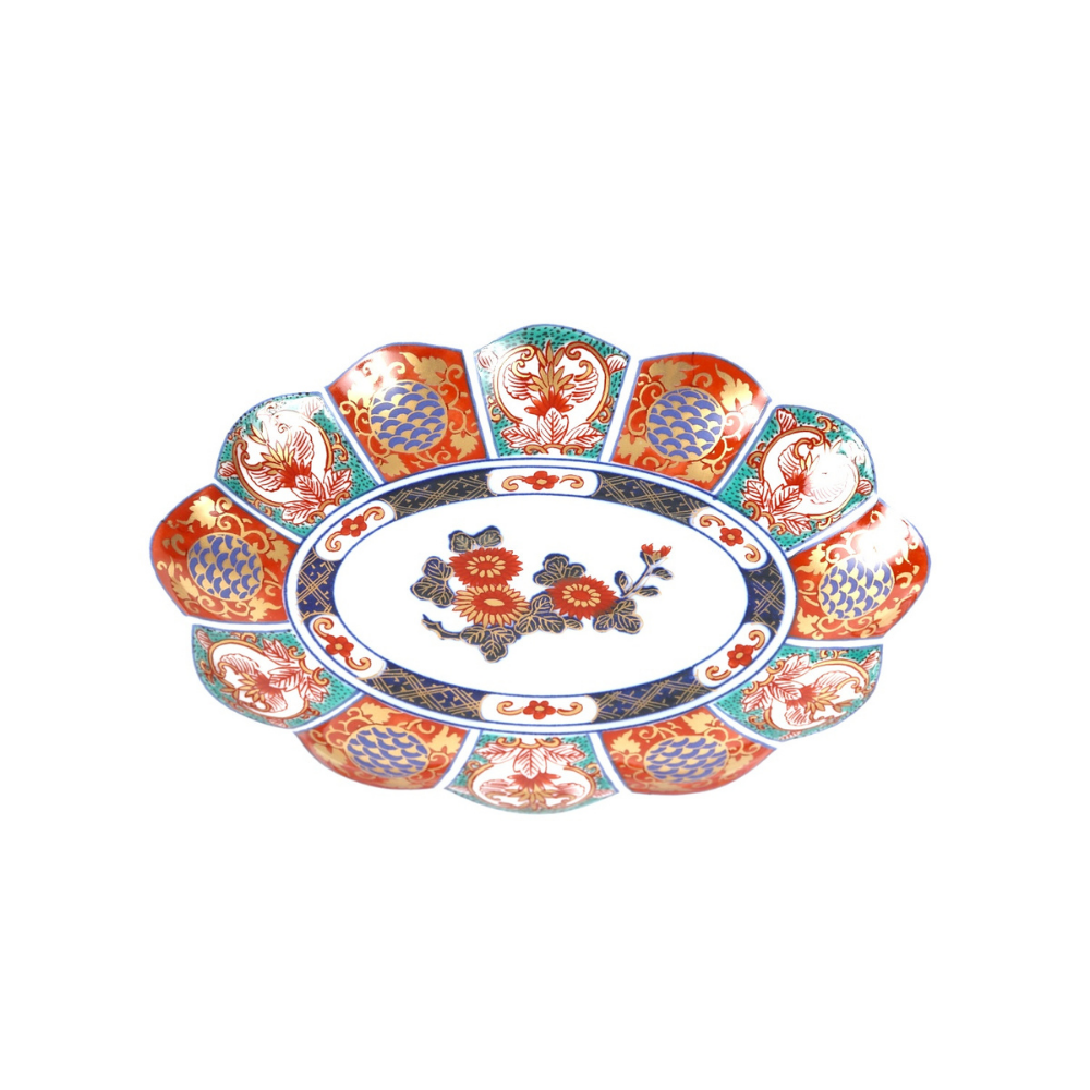 林九郎窯】金彩間取菊紋13.5cm楕円皿【波佐見焼】｜創亭やぶきた