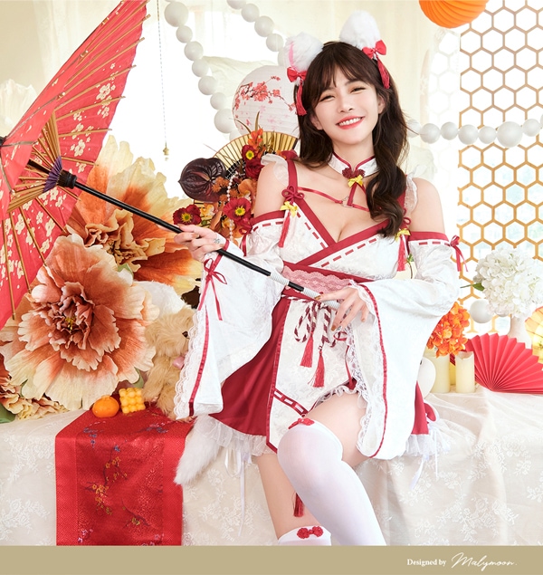 即日発送】セクシー白キツネ巫女レディ《ハロウィンコスプレ6点セット