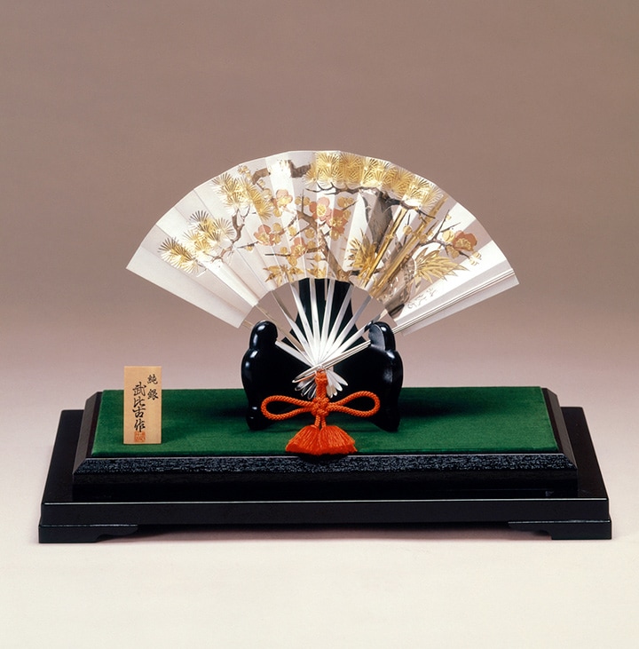 純銀 扇 5号(松竹梅) 純銀製 扇子 置物 武比古作 銀細工 インテリア