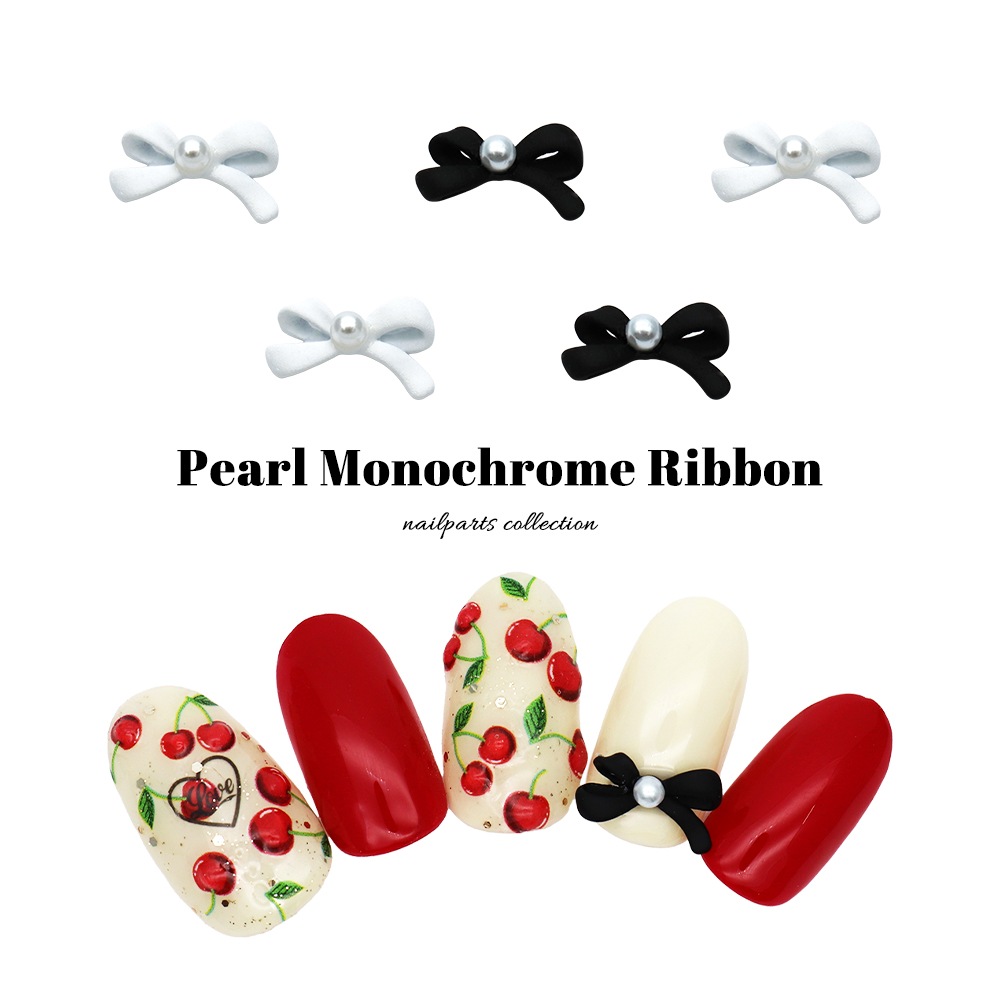 ネコポス送料無料】ネイルパーツ パール付きモノクロリボンパーツ