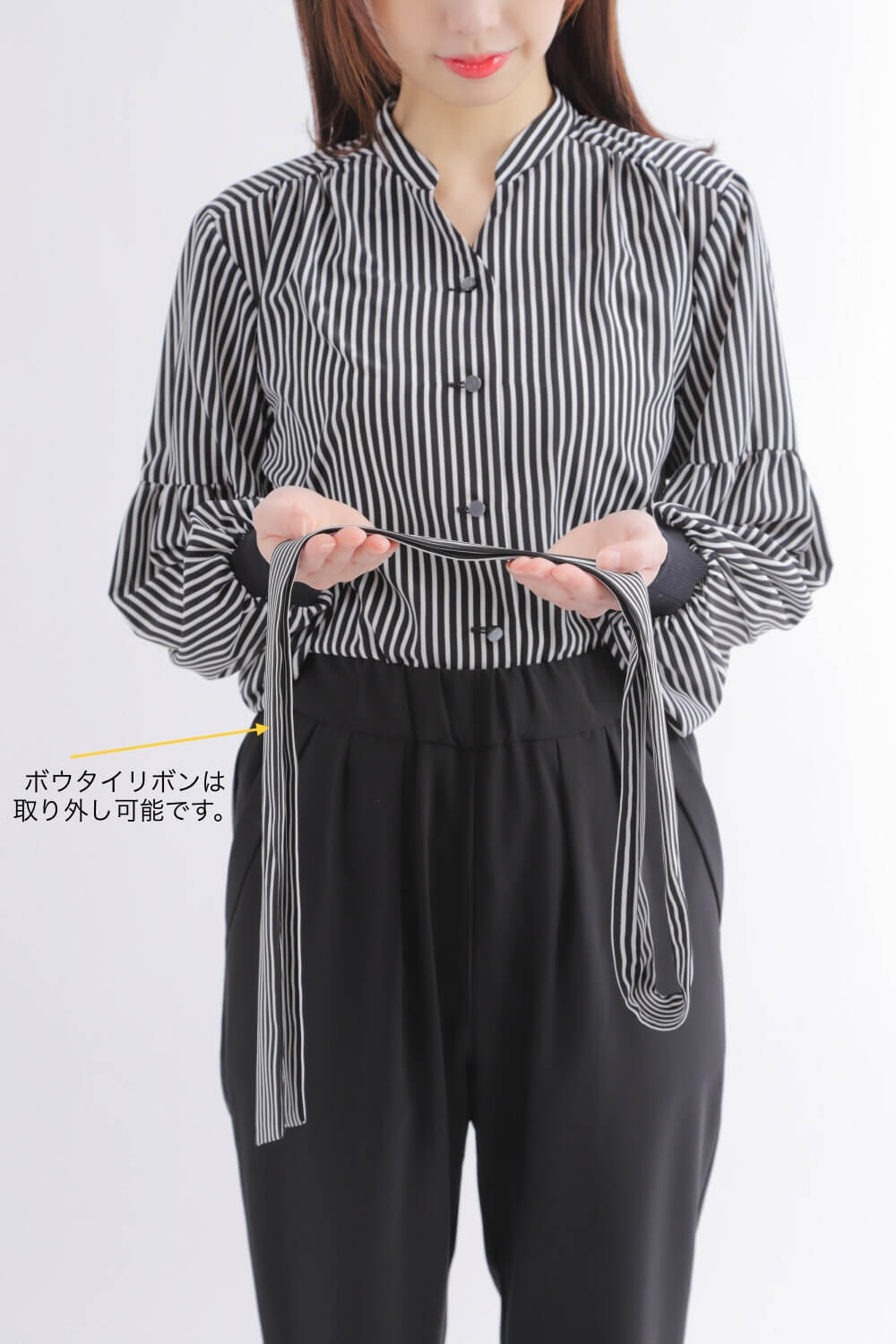 ボウタイリボン]ストライプブラウス | きれいめかわいいSサイズの