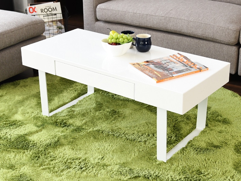 センターテーブル ローテーブル おしゃれ 白 引き出し 鏡面 長方形