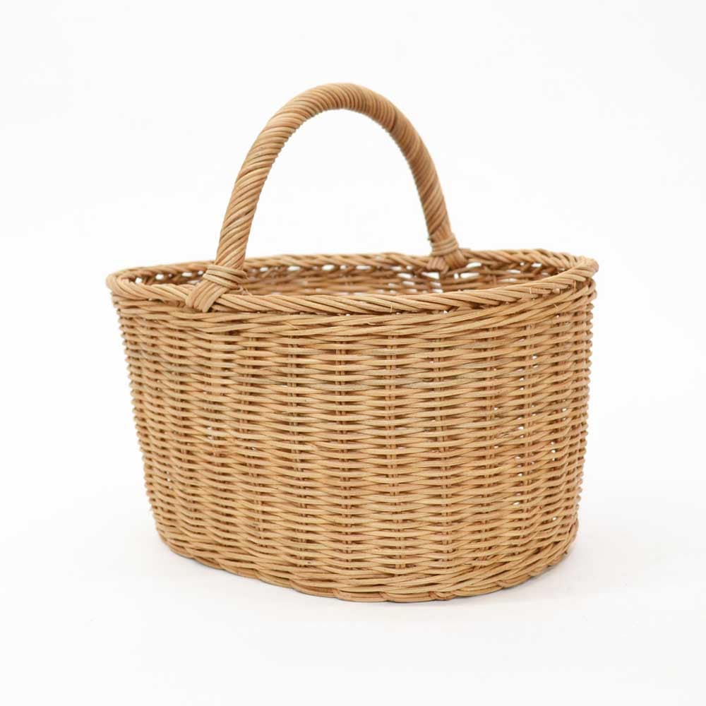 ラタン製かごバッグ ピクニックバスケット楕円 深型 巻縁 籠