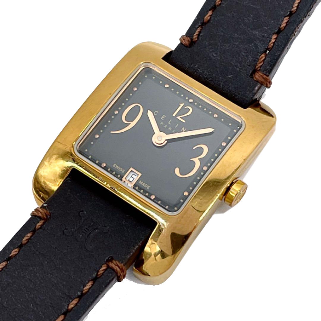 CELINE セリーヌ レディース腕時計 スクエア QZ デイト レザーベルト