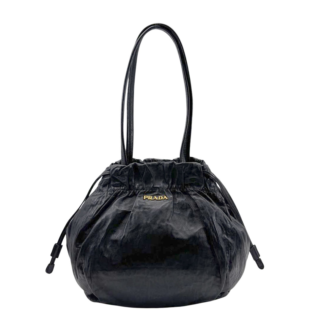 PRADA プラダ 巾着型 トートバッグ レザー ブラック/ゴールド金具