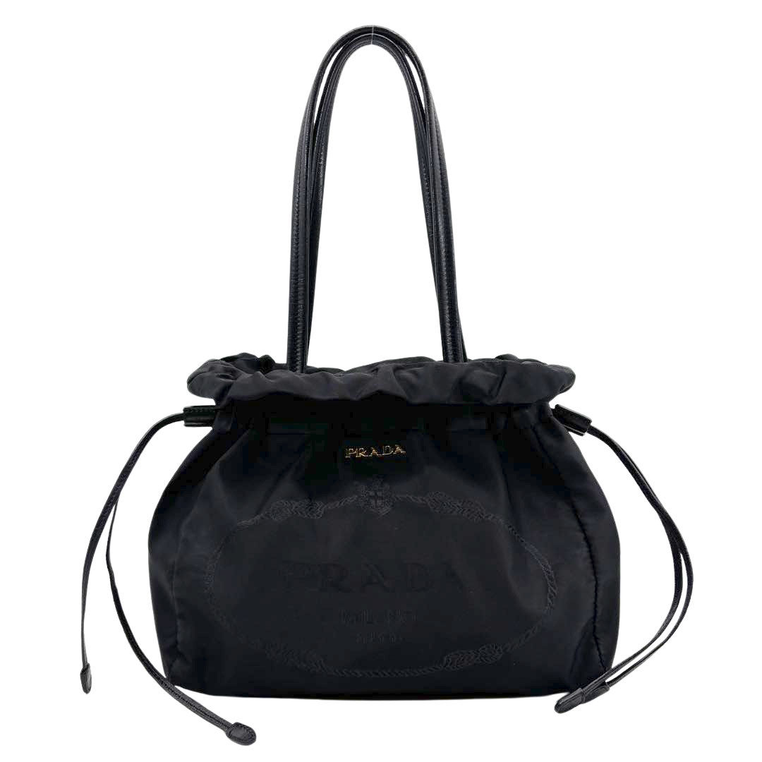 PRADA プラダ 巾着型トートバッグ ロゴジャガード ナイロン/レザー
