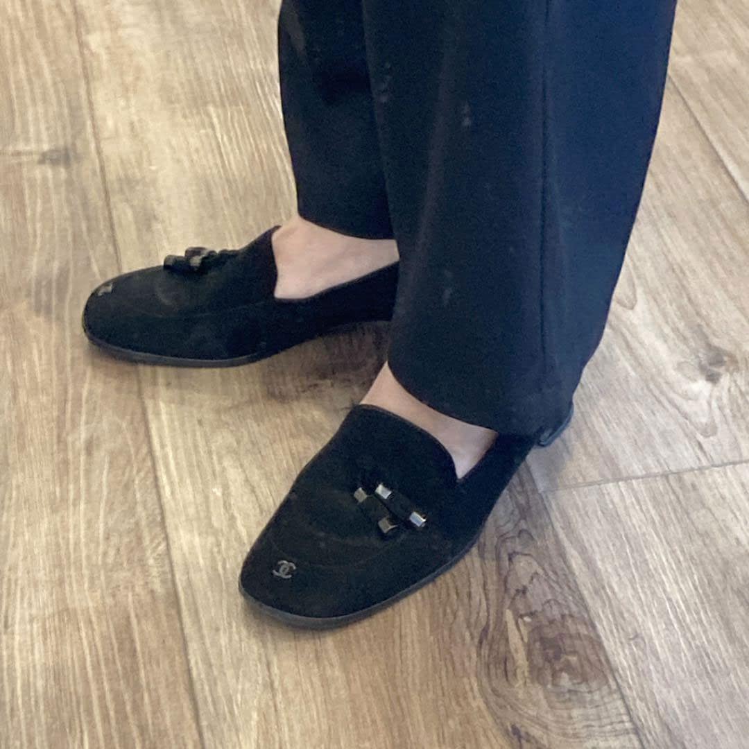 CHANEL シャネル ローファー フリンジ スエード ブラック 37（約24cm