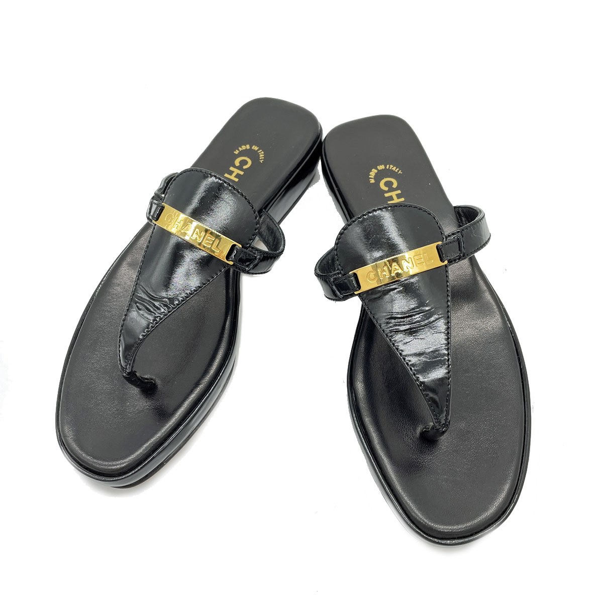 CHANEL シャネル サンダル エナメル レザー 98P ブラック ゴールド金具
