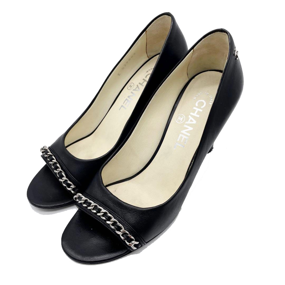 CHANEL シャネル オープントゥパンプス レザー チェーン ブラック 37 1