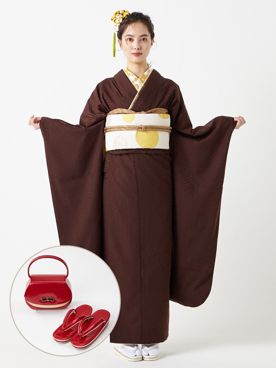 レンタル振袖【F2717】 華亀甲・ブラウン(FREE レッド): ふりふ
