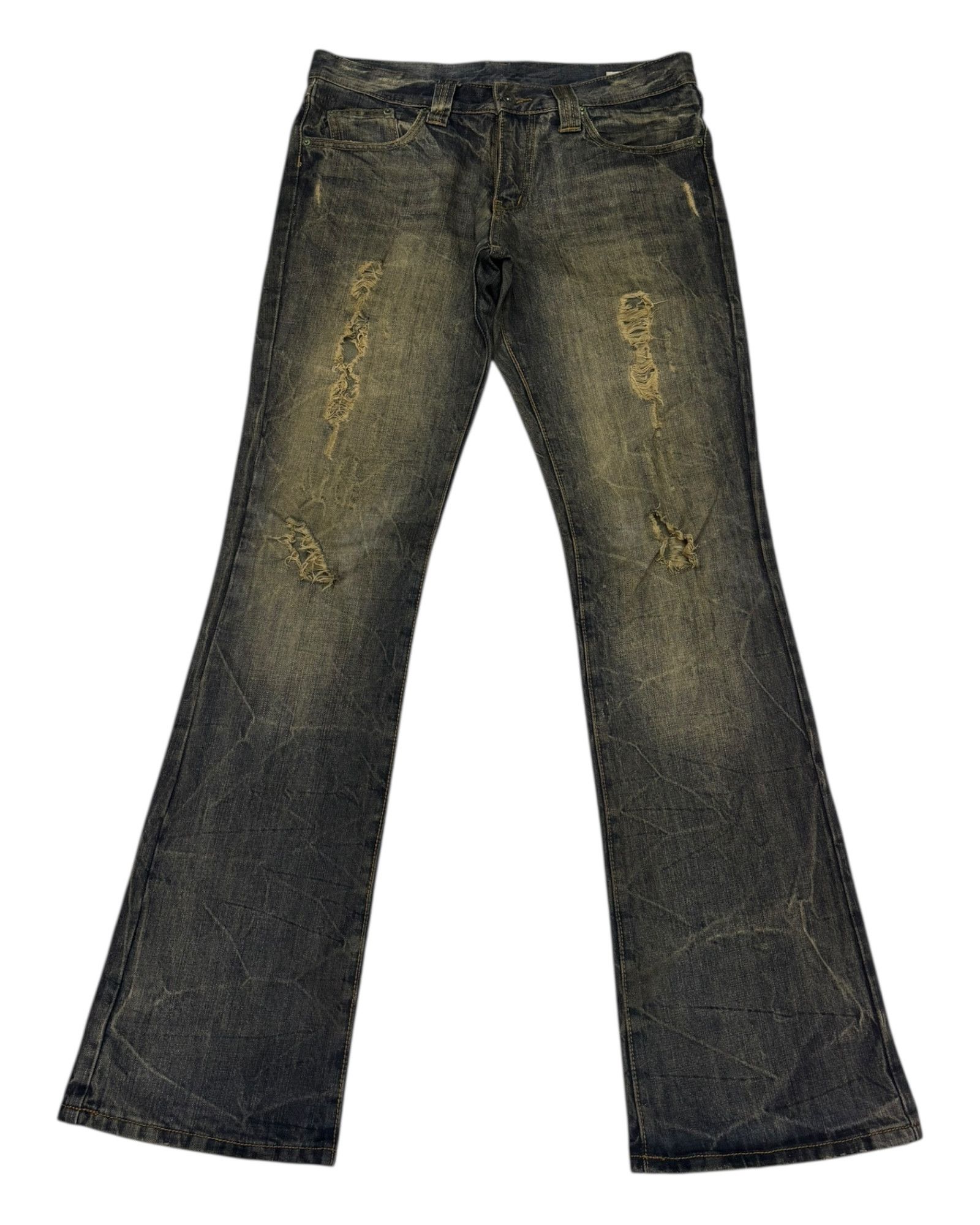 semanticdesign Semantic Design Tri-Zip Distressed Bootcut Flare
