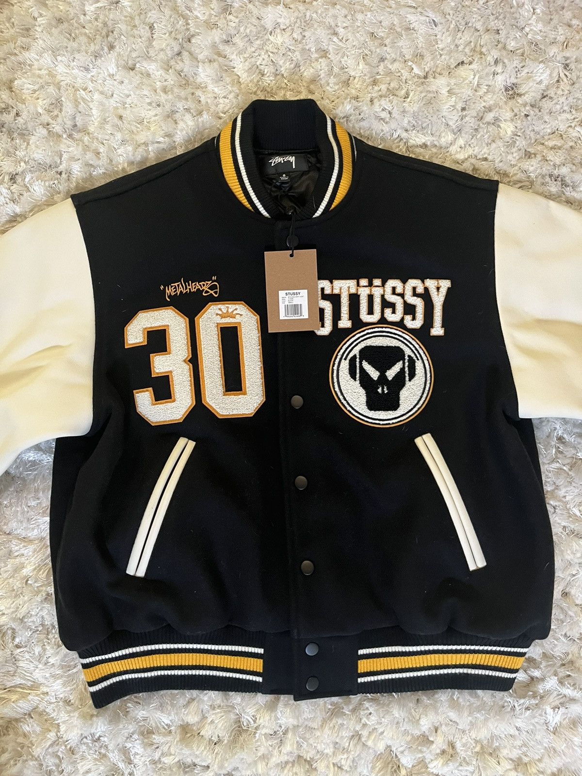 Stussy Small- Stussy X Goldie Metalheadz 30 Varsity Jacket Black
