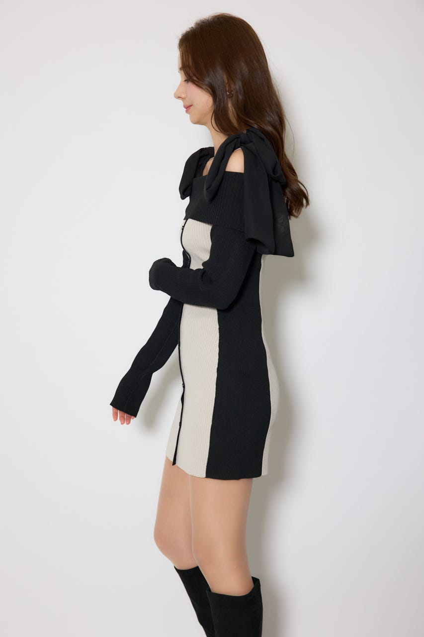 rienda | バイカラーオフショルリボンニットミニワンピース