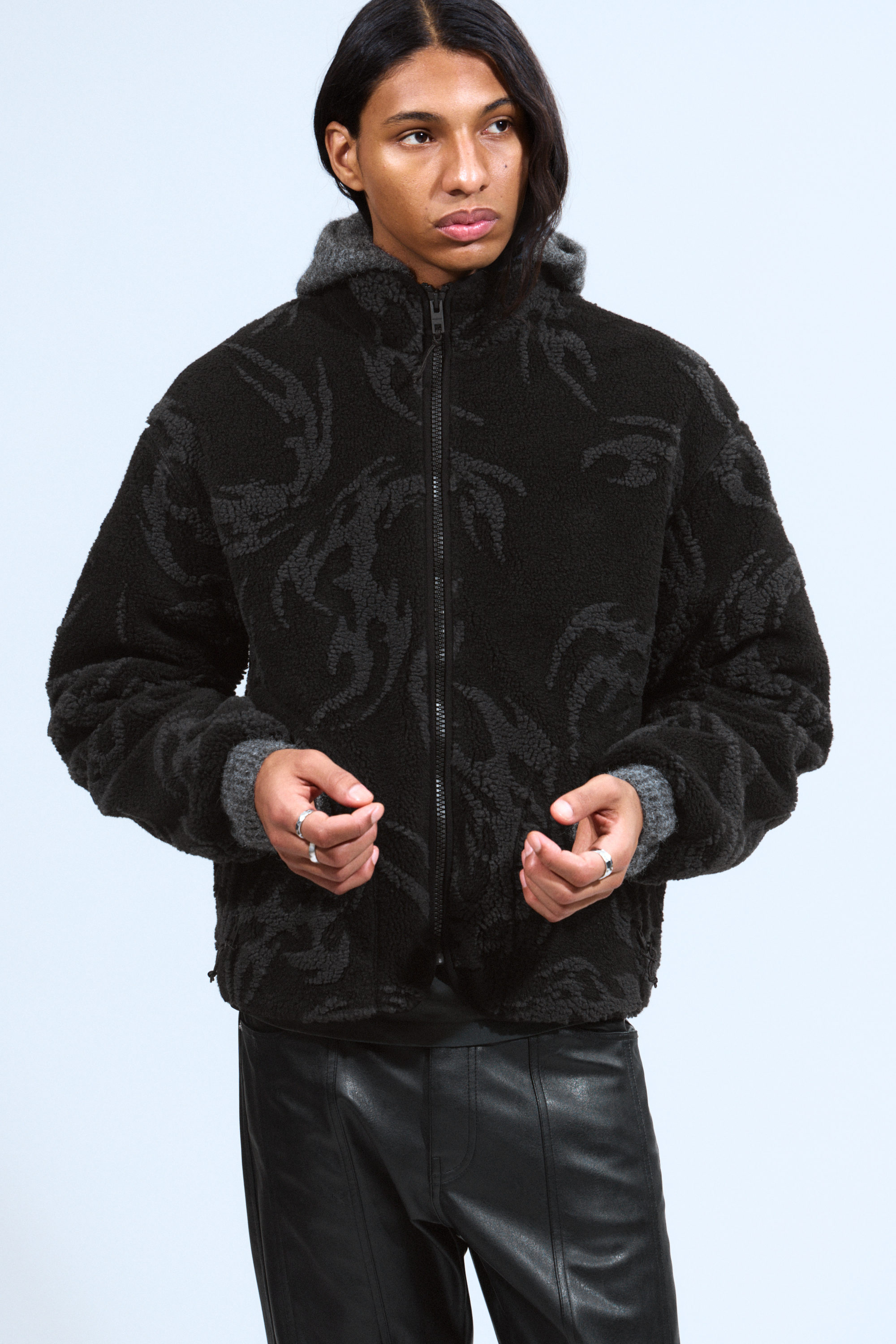 jacquard pattern pile zip jacket - Black - Tribal | Weekday EU