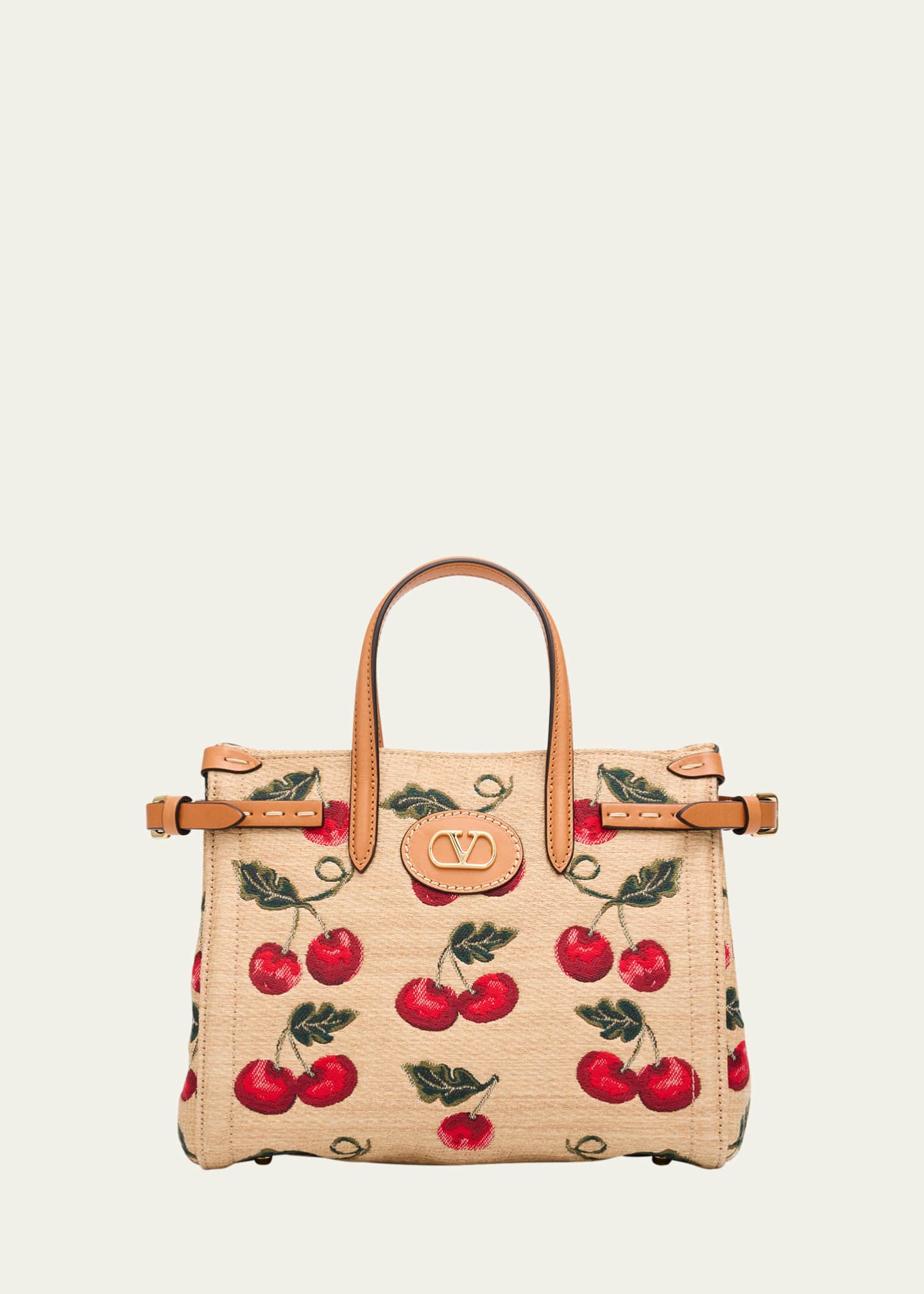 Valentino Garavani Antibes Small Raffia Cherry Jacquard Tote Bag