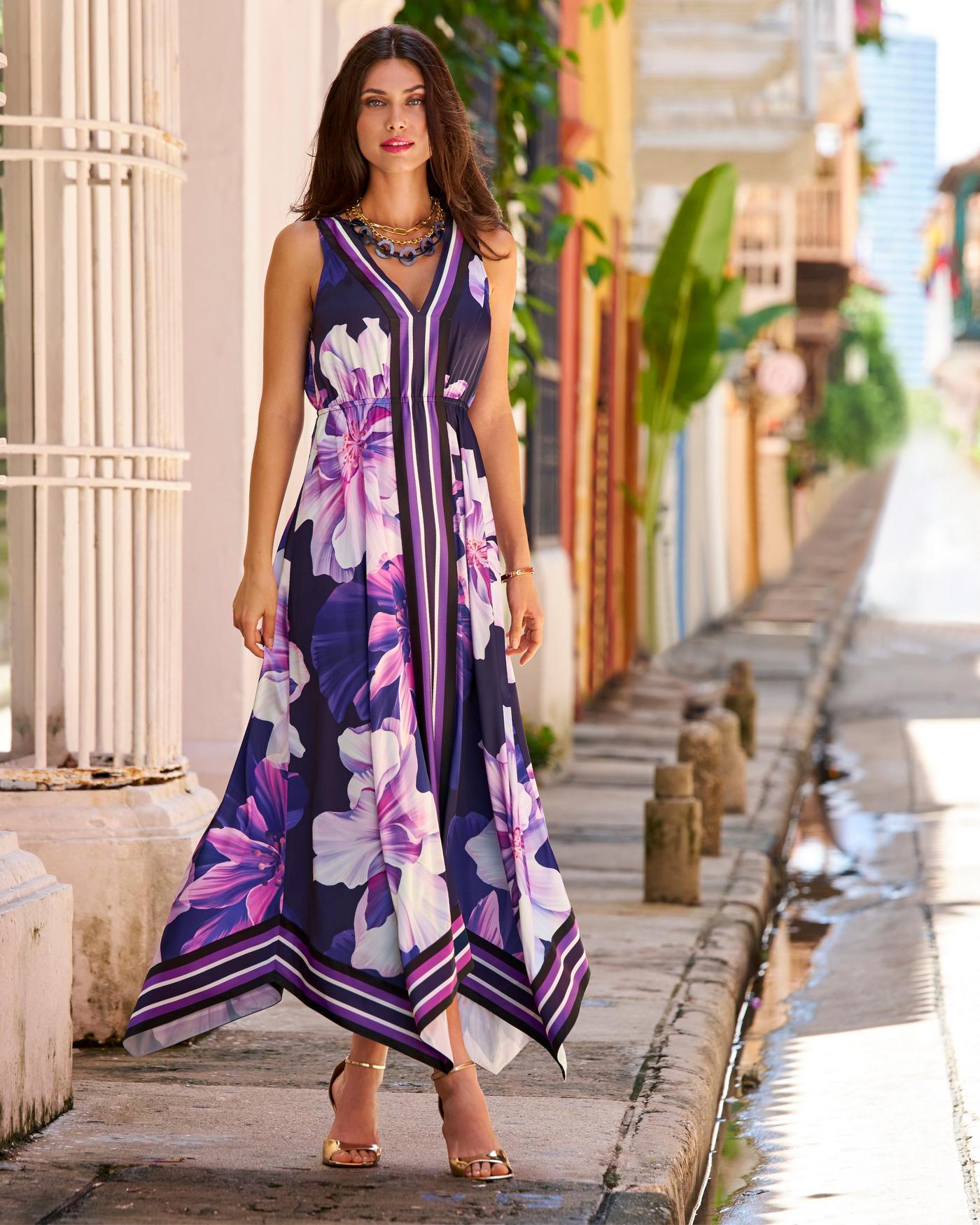 Exploded Dahlia Scarf Print Handkerchief Hem Dress - Purple