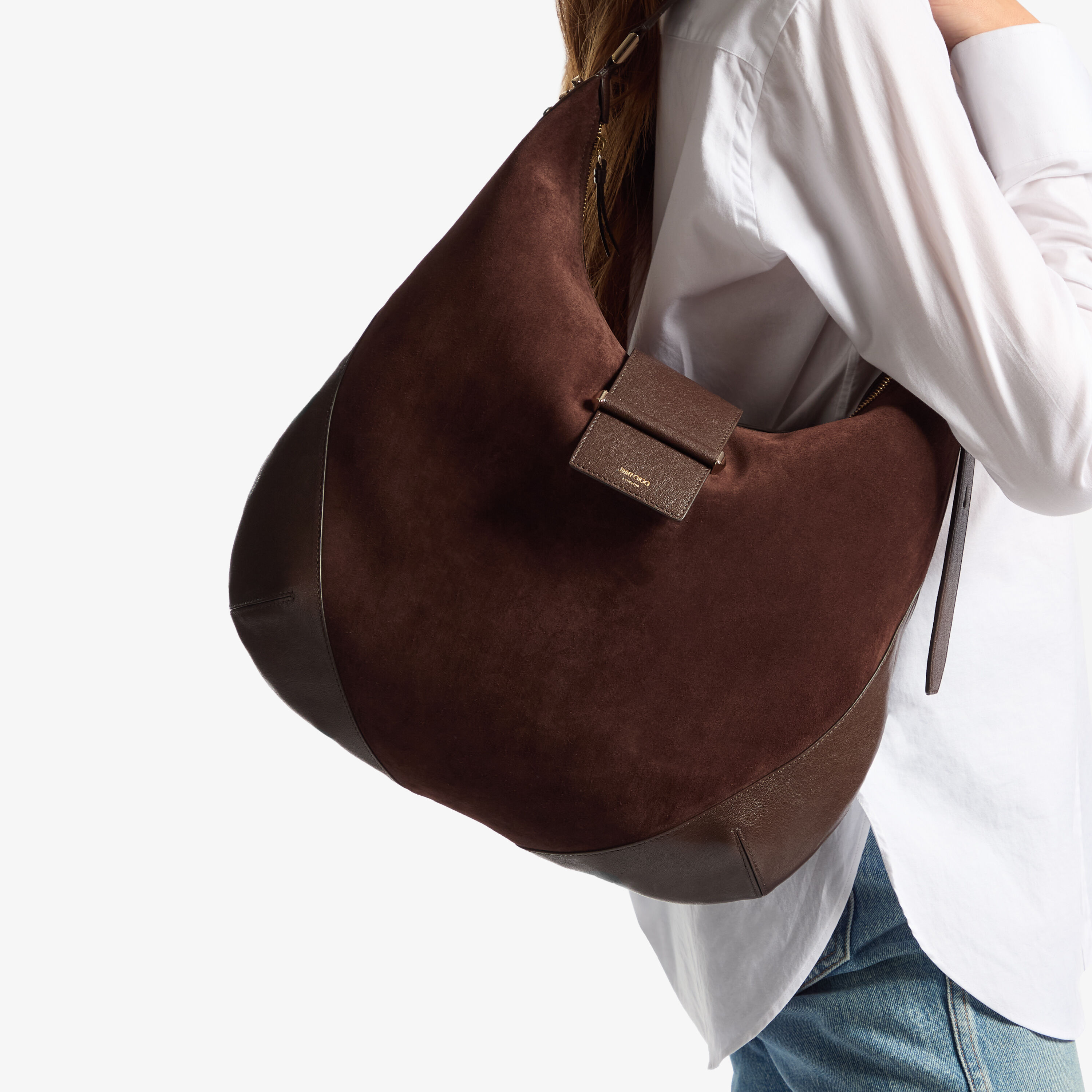Bar Hobo M | Chocolate Suede Shoulder Bag with Leather Trims
